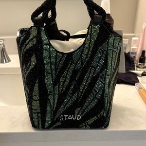 STAUD Black and Green Beaded Tote
